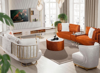 Modern orange-white living room furniture three-seater coffee table wooden furniture